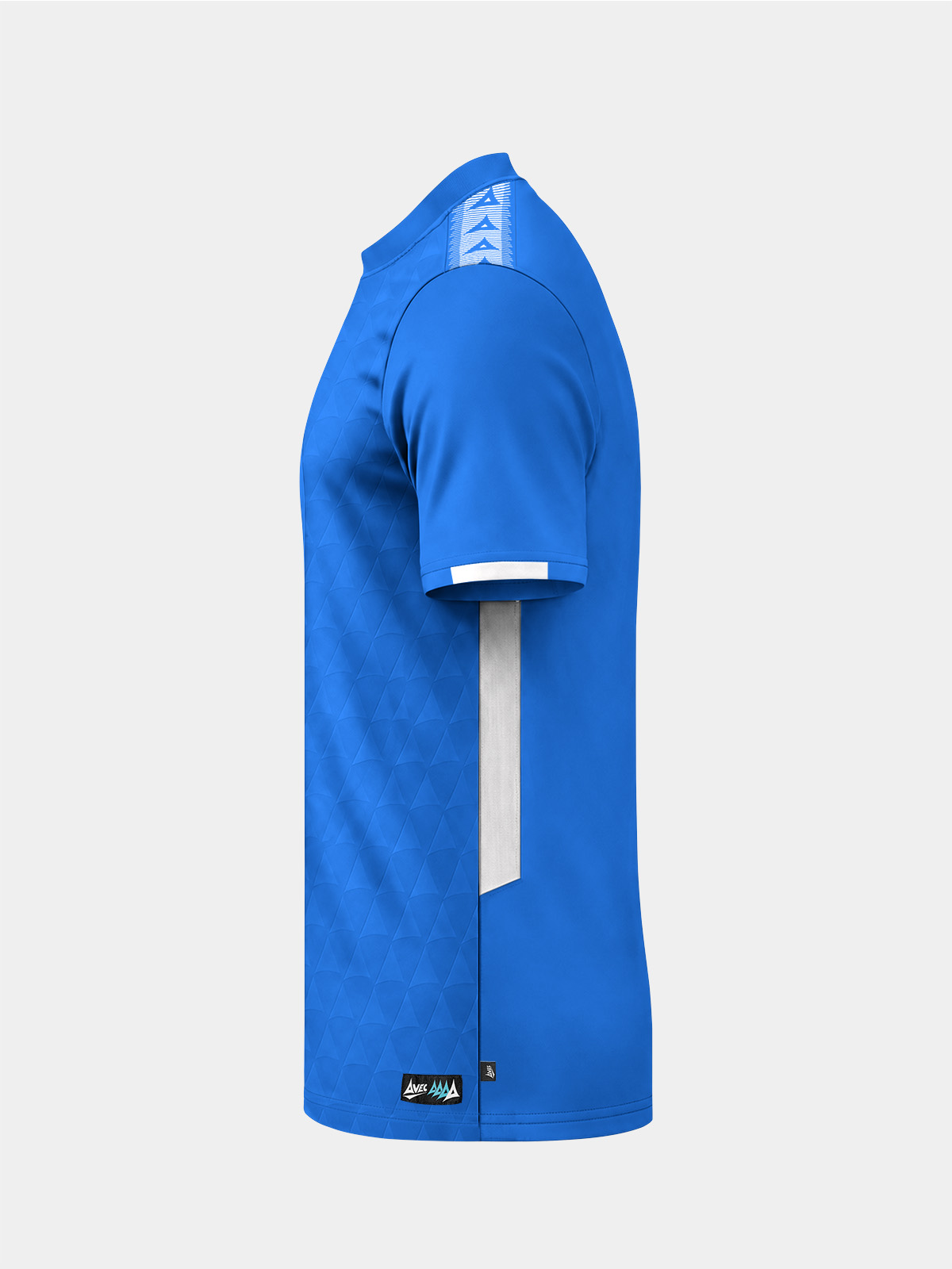 	left profile of the royal blue jersey showcasing the technical cooling mesh on the side seam.