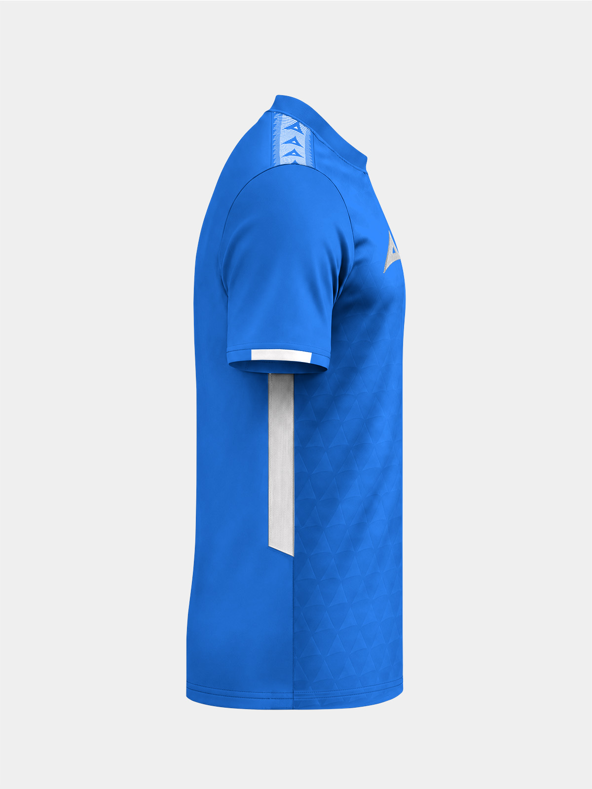 	right side view of the royal blue top, displaying the ergonomic performance fit.