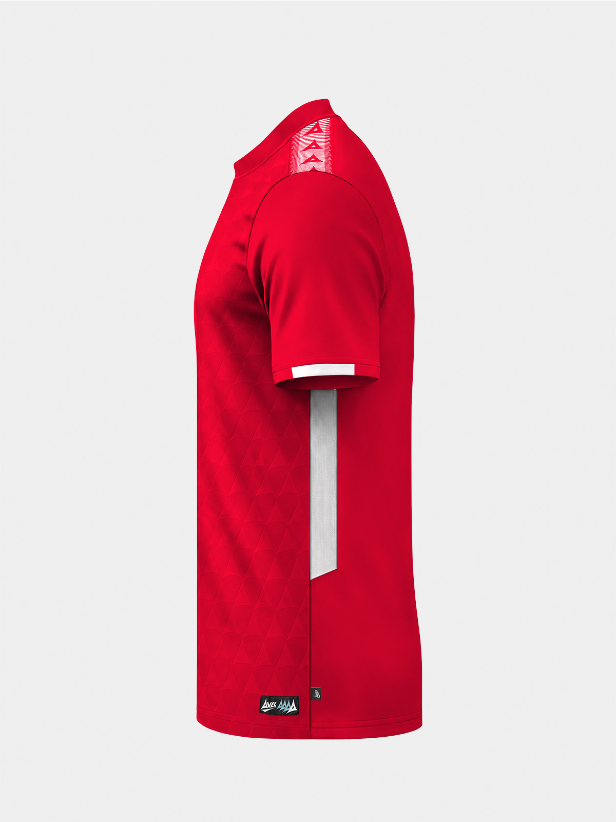	left side shot of the red jersey, highlighting the high-ventilation mesh side panels.	