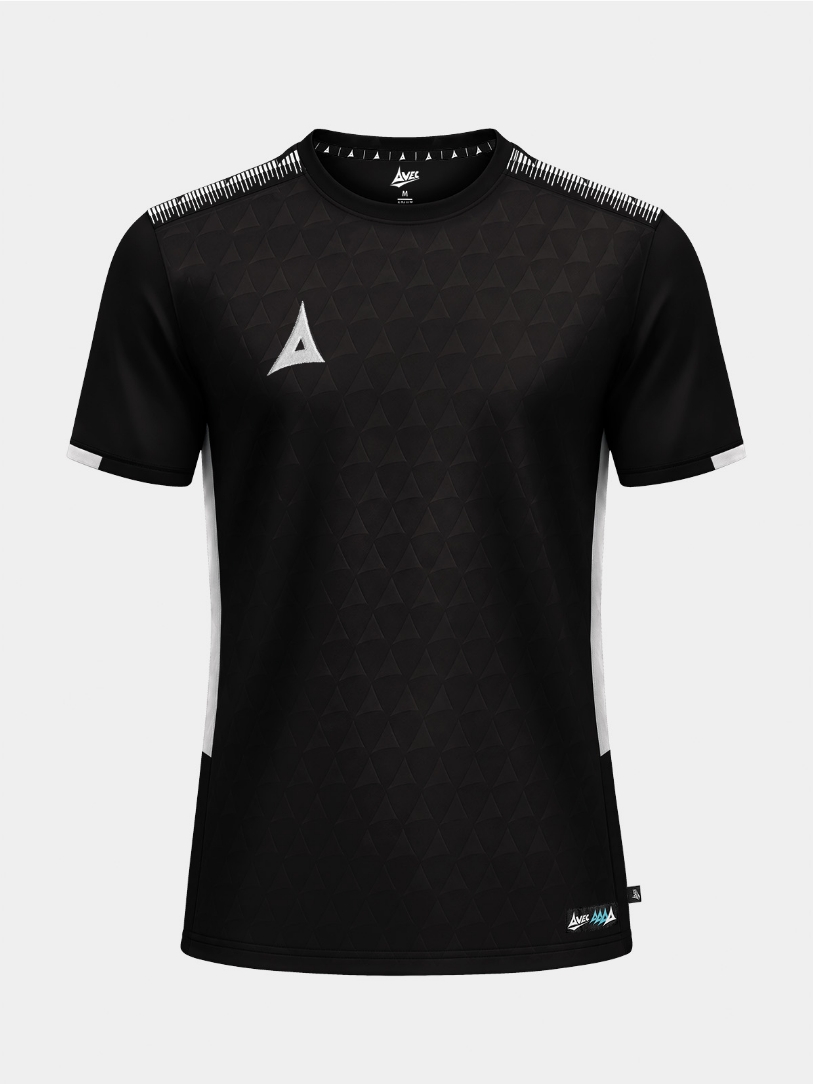 	Front view of the Black Evolve Pro Training Jersey featuring a subtle debossed 'A' logo pattern on front panel