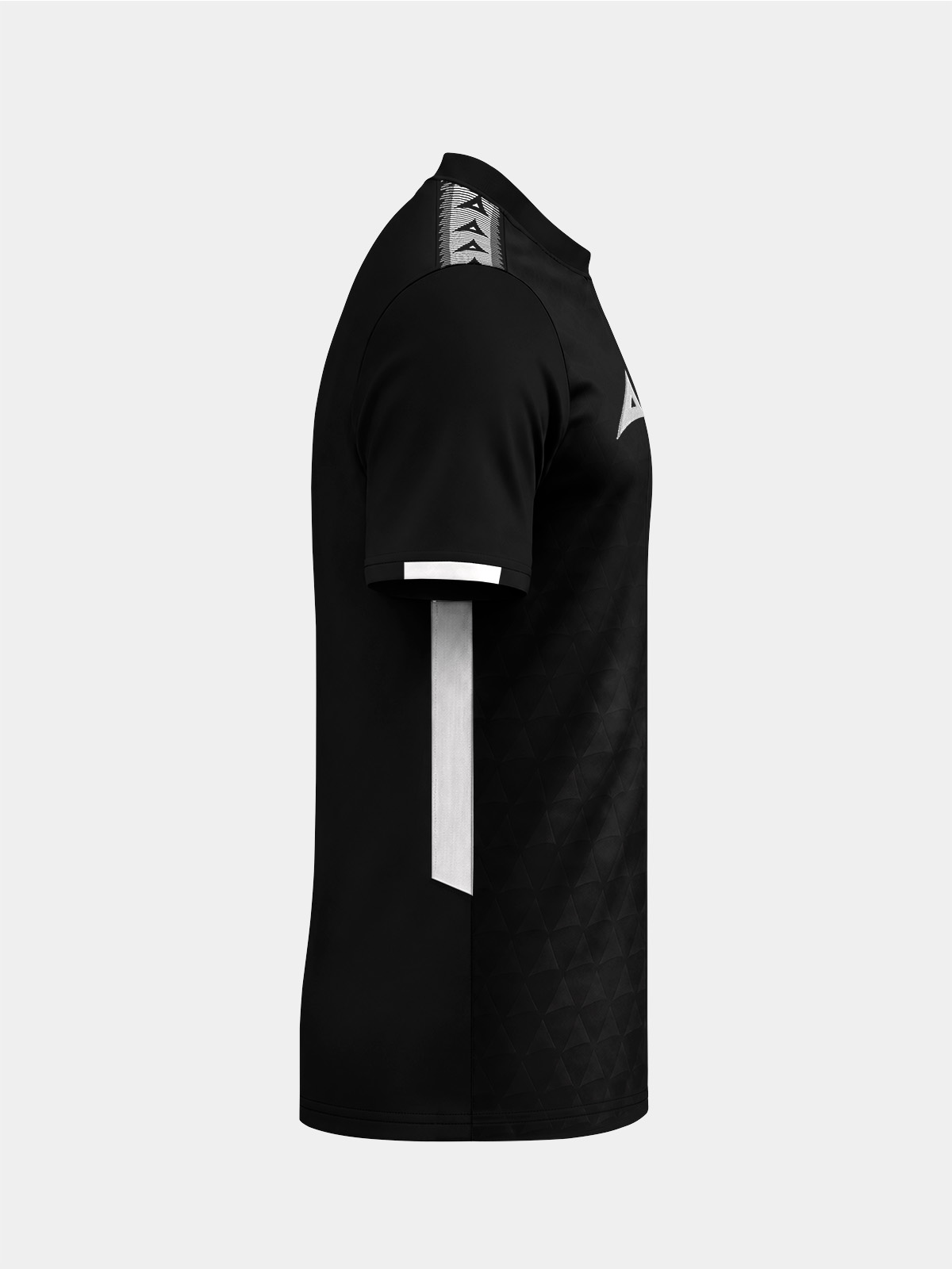 	right side view of the black training jersey showing the streamlined athletic pro-fit silhouette.
