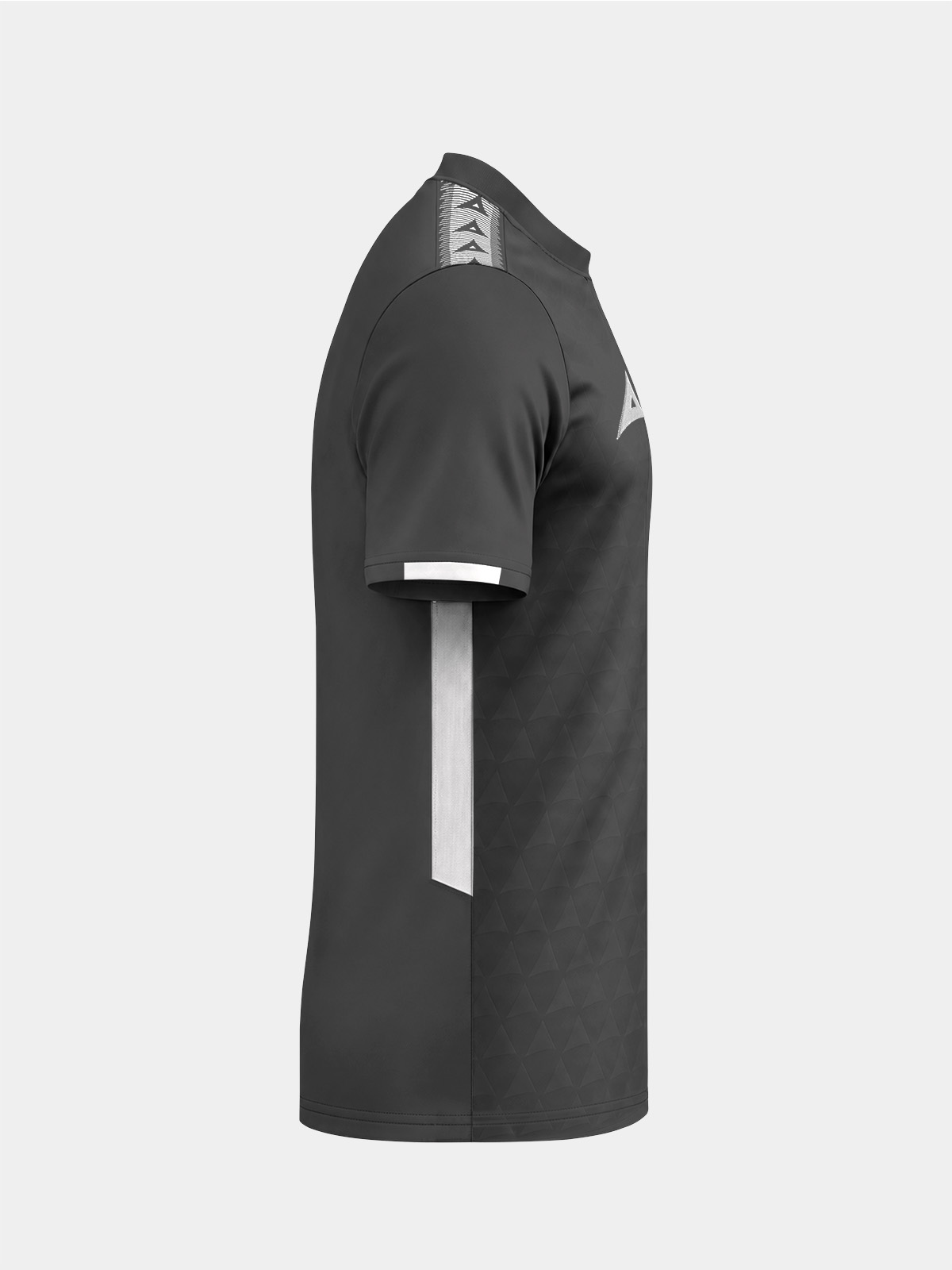 	right profile of the dark grey training top, highlighting the moisture-wicking interlock fabric