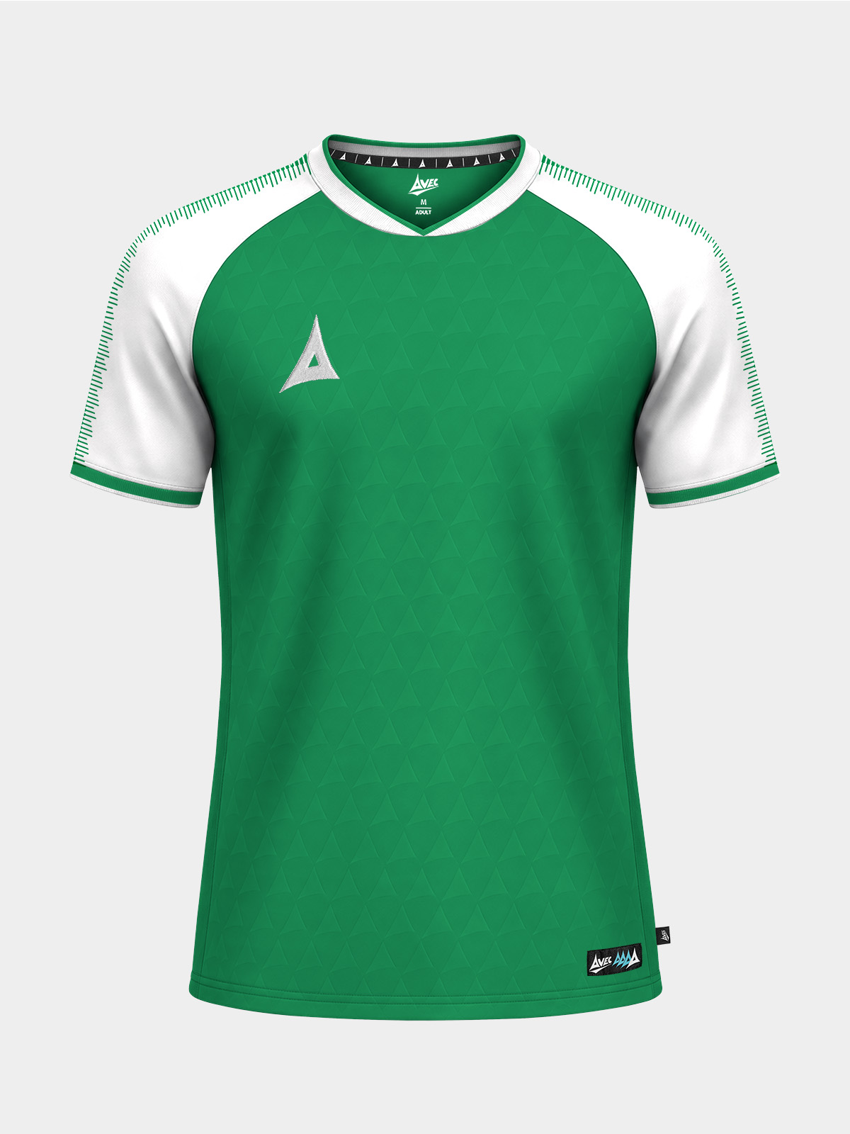 	front-facing shot of the green and white heritage football jersey, featuring the iconic 'a' branding and professional cut.
