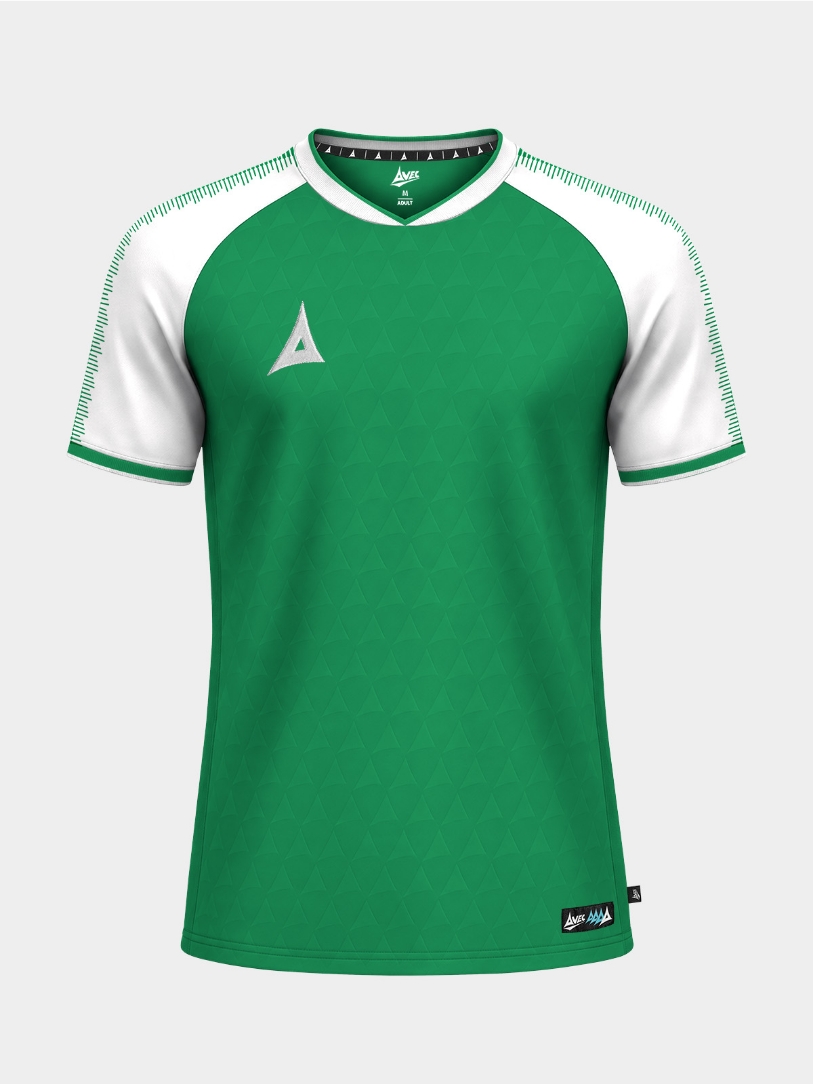 	Front-facing shot of the Green and White Heritage Football Jersey, featuring the iconic 'A' branding and professional cut.