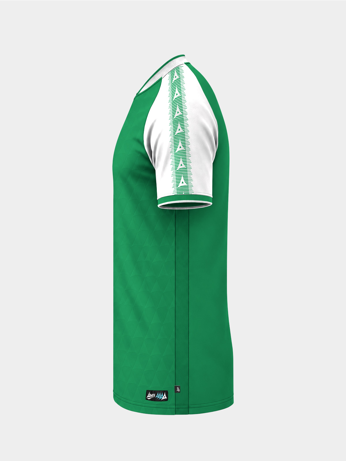 	left side profile of the green heritage jersey highlighting the repeating debossed fabric texture.