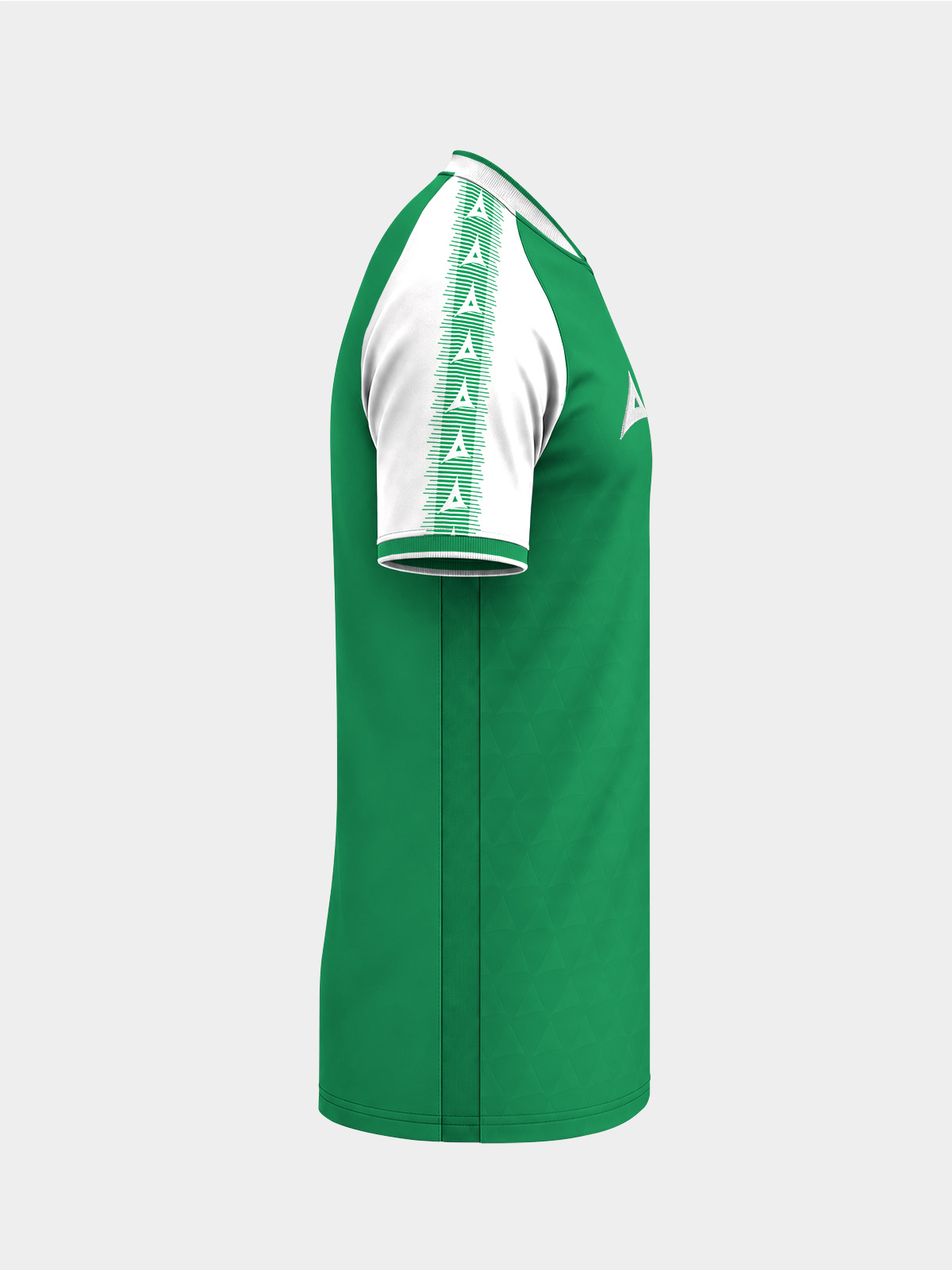 	right side view of the green and white heritage jersey focusing on the signature sleeve stripes.