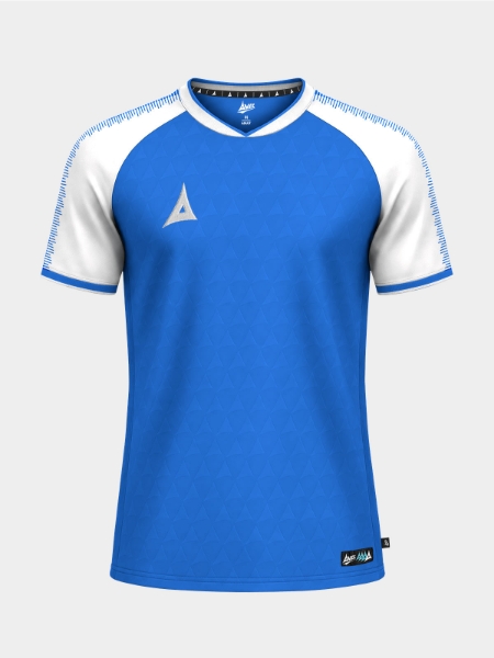 	Royal Blue and White Heritage matchday shirt front view, displaying the signature Avec logo and moisture-wicking fabric.