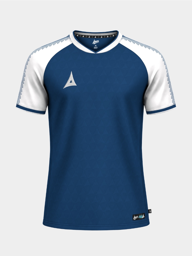 	Full front perspective of the Navy and White Heritage Jersey, showcasing the classic team identity and premium finish.