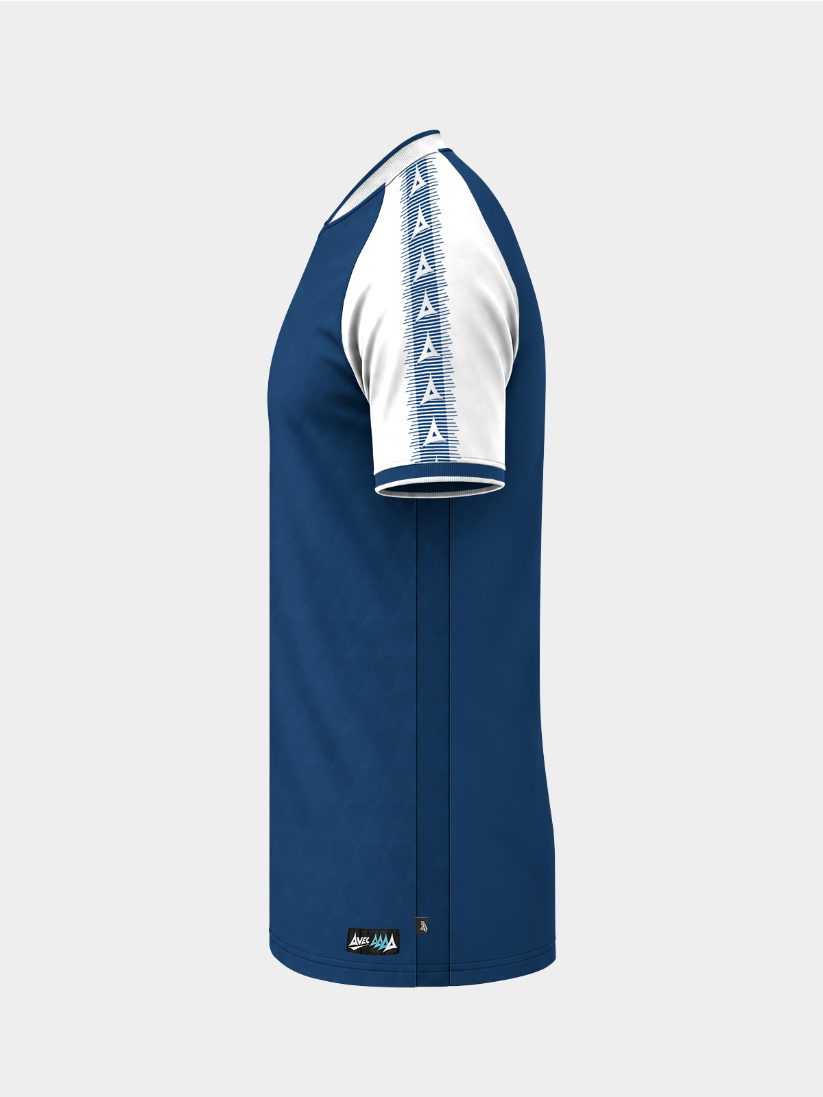 	left side shot of the navy heritage jersey displaying the crisp white contrast sleeves.