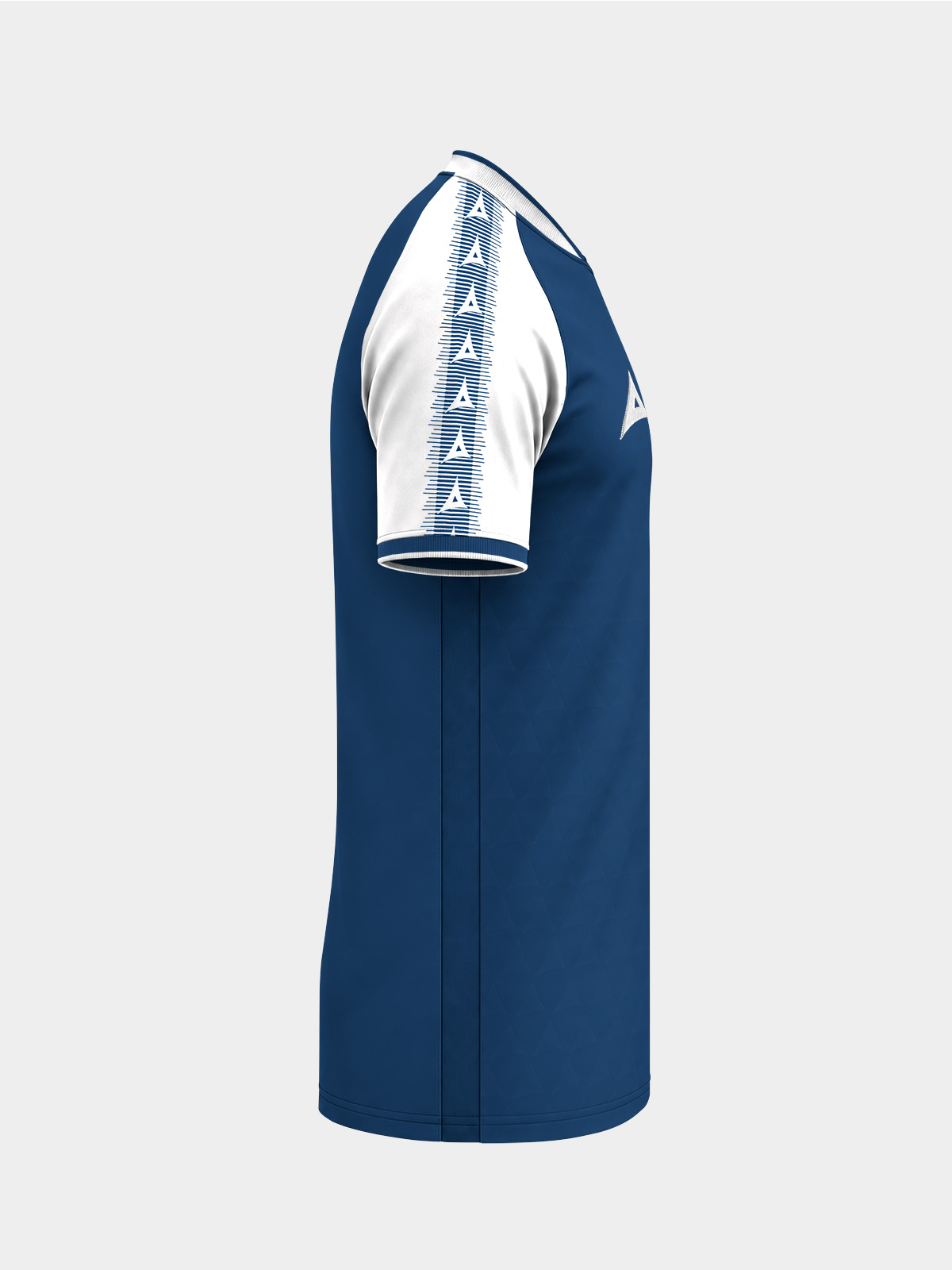 	right view of the navy and white heritage jersey highlighting the signature debossed 'a' logo.