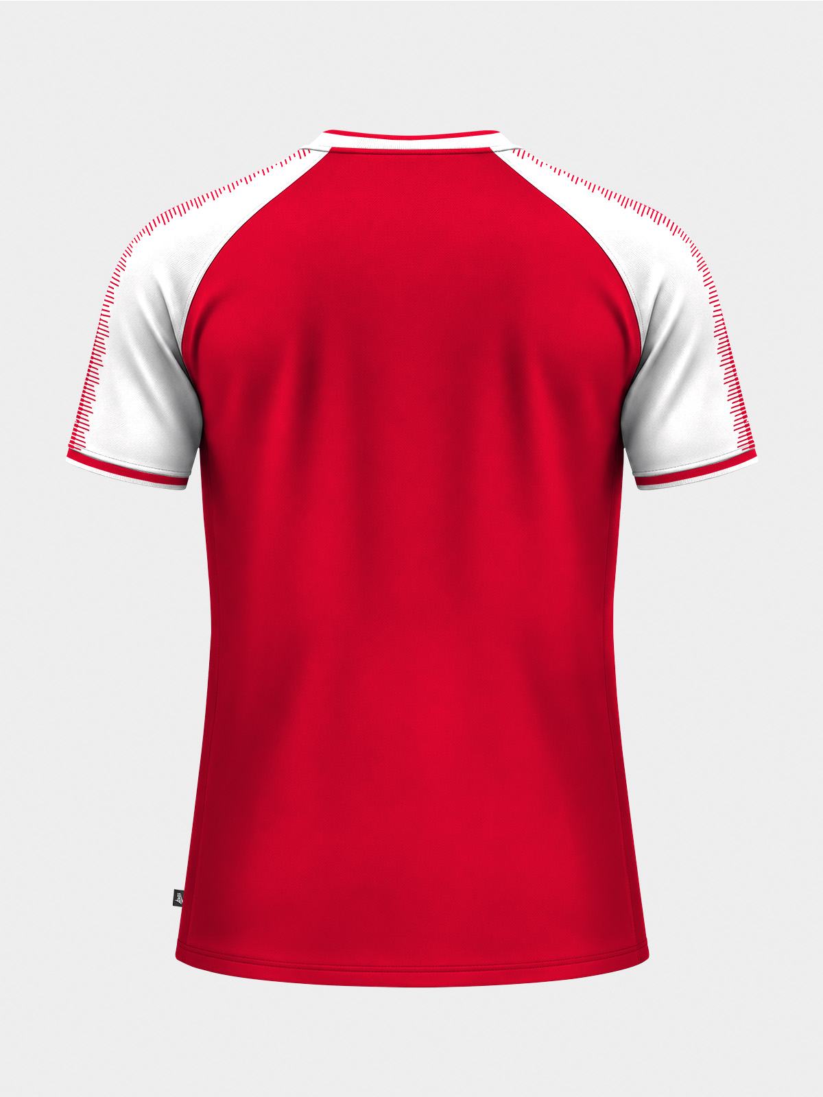 	rear perspective of the red and white heritage jersey, providing a clean surface for squad numbers.