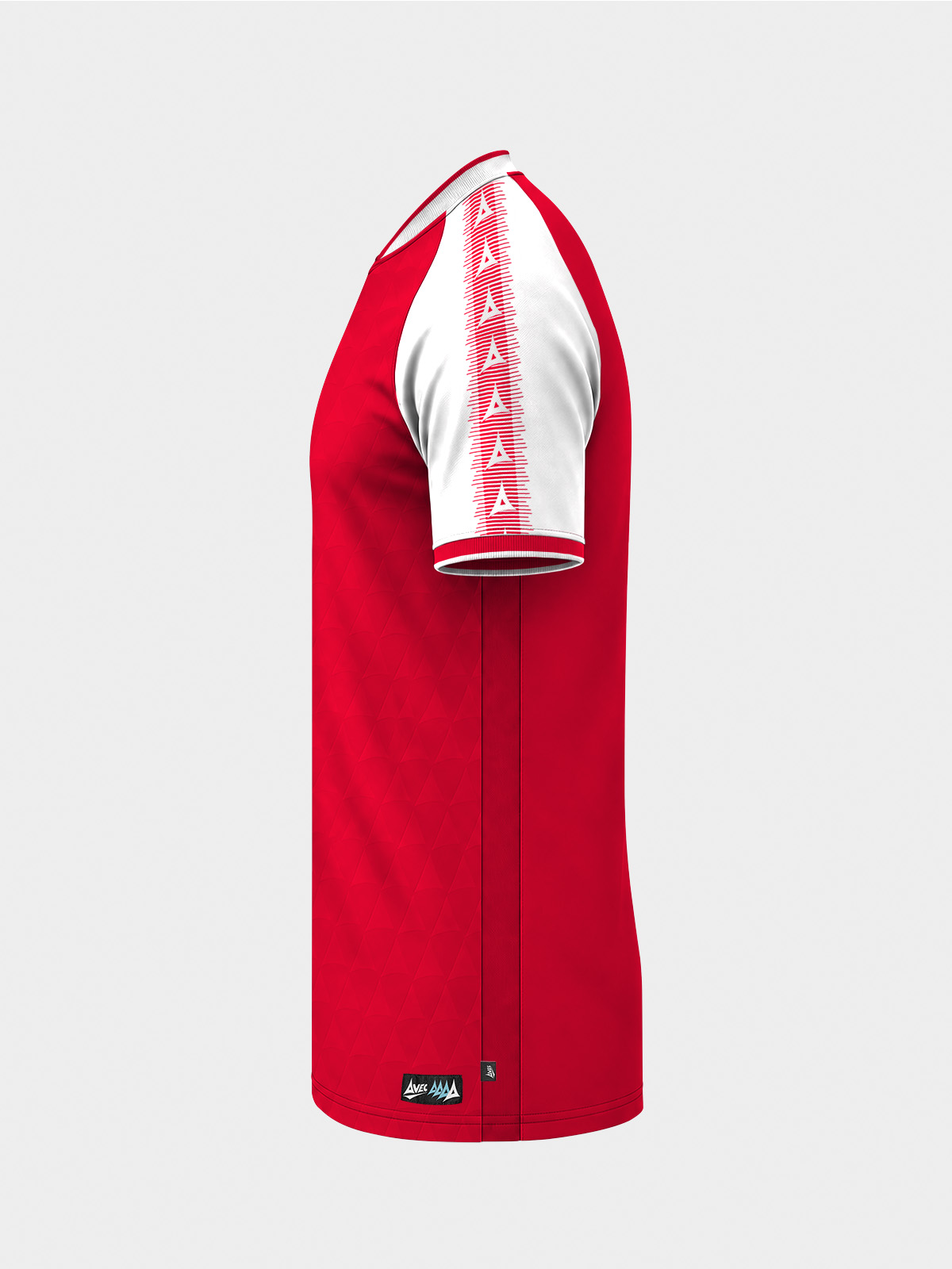 	side view of the red heritage jersey highlighting the moisture-wicking interlock polyester.
