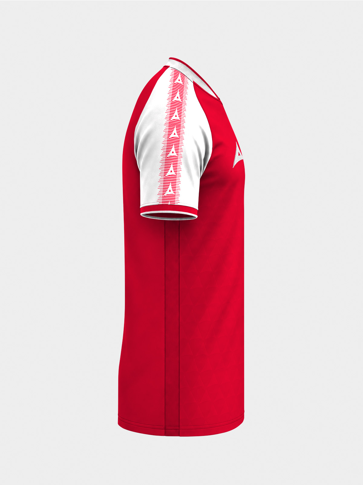 	right profile of the red and white heritage jersey showing the signature sleeve branding.