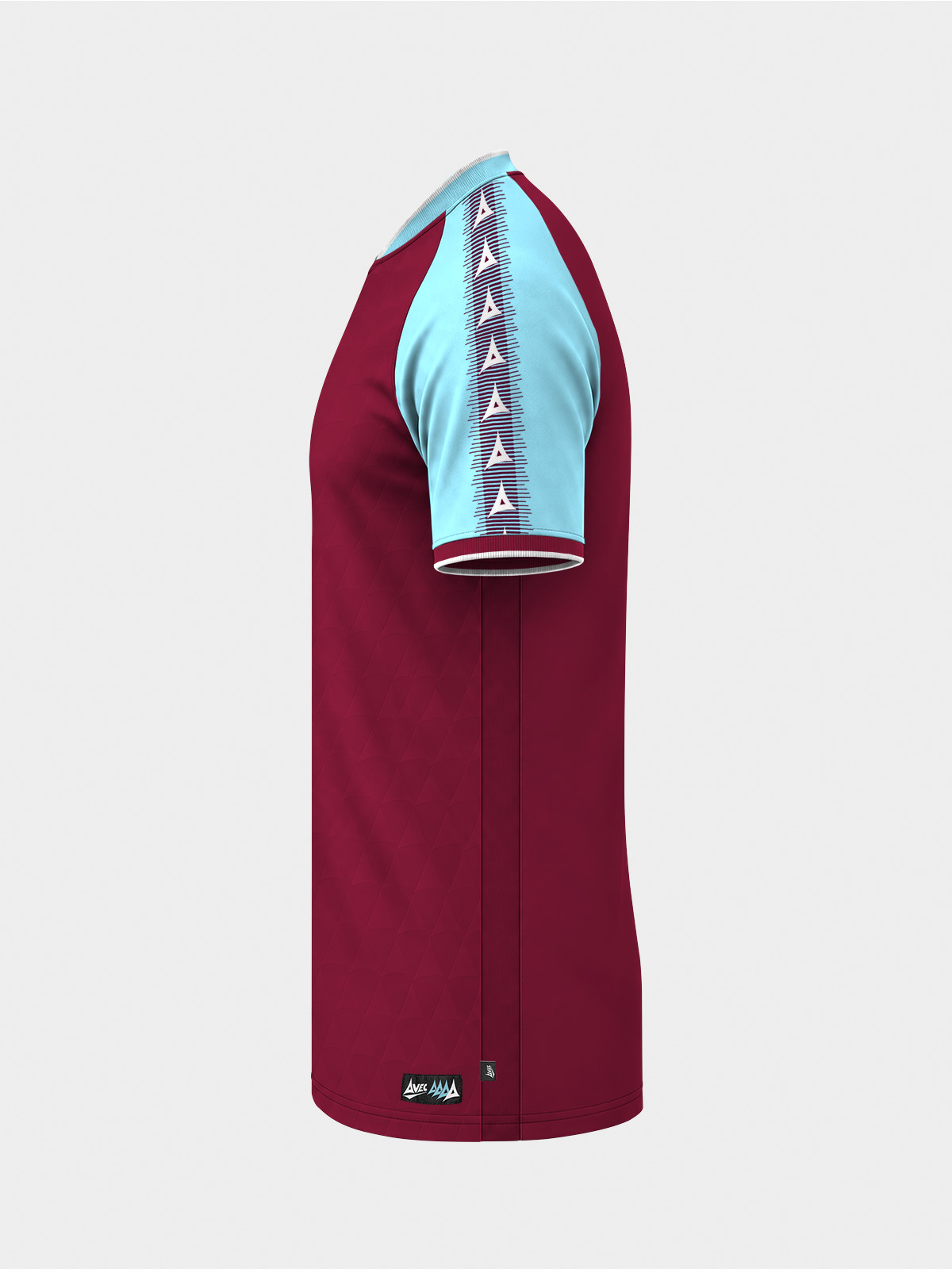 	side profile of the claret heritage jersey featuring the sky blue contrast sleeve.