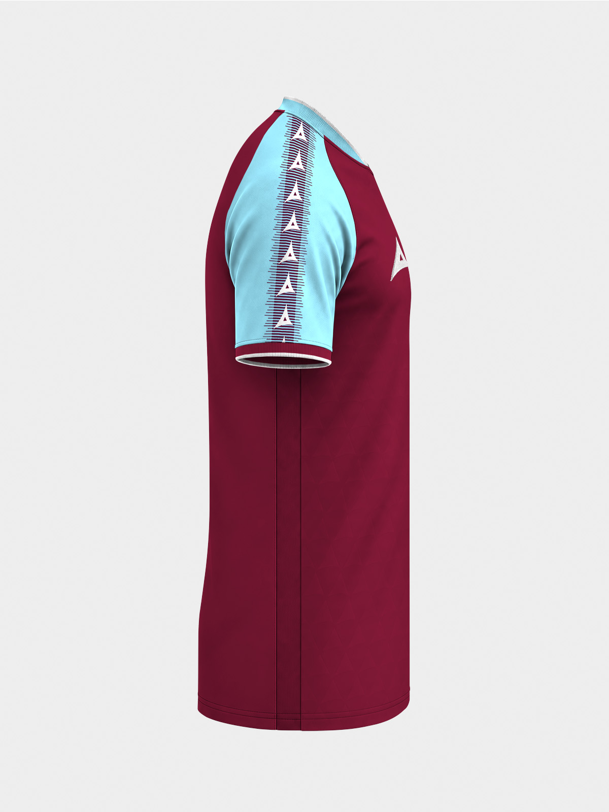	right view of the claret and sky heritage jersey showing the breathable technical side panels.