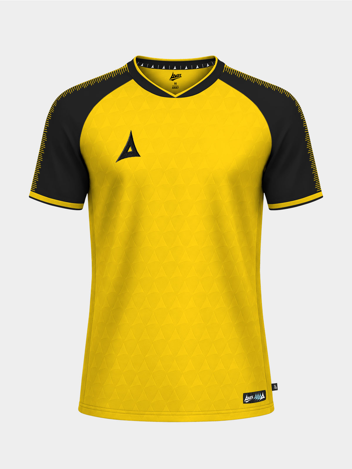 	front view of the yellow and black heritage football jersey highlighting the athletic fit and signature chest branding.