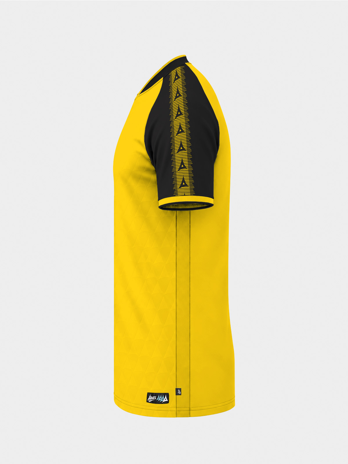 	left profile of the yellow and black heritage shirt displaying the contrast sleeve and debossed fabric pattern.