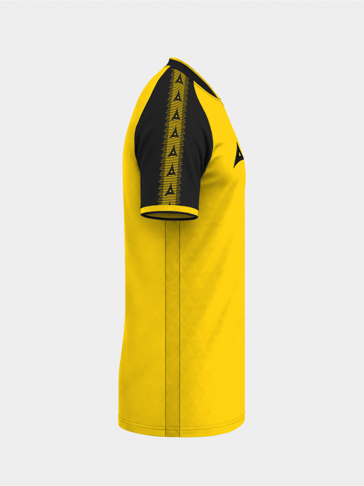 	right side view of the yellow and black heritage jersey highlighting the signature sleeve branding.