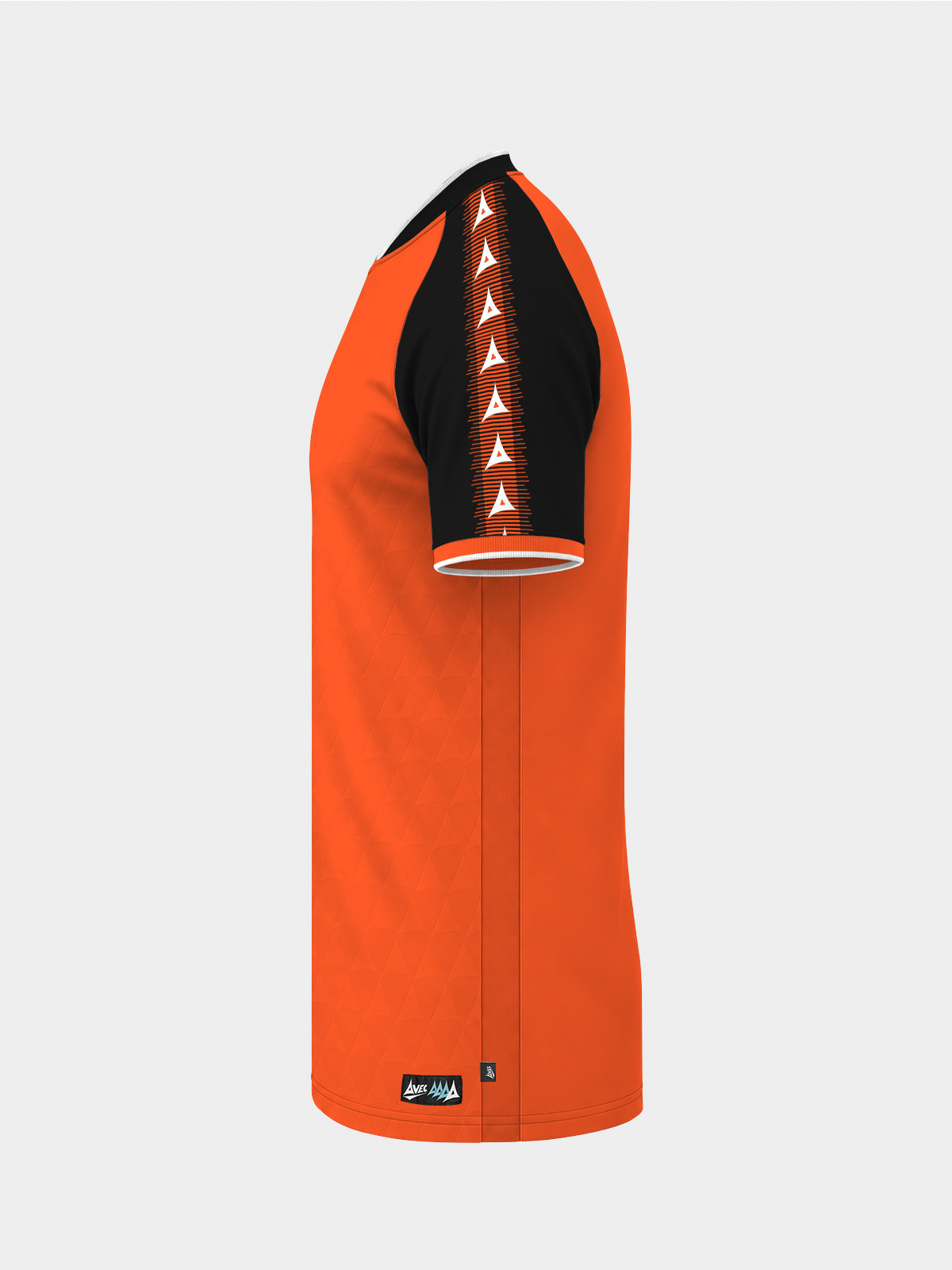 	side perspective of the orange heritage jersey showing the deep black contrast trim and mesh panels.