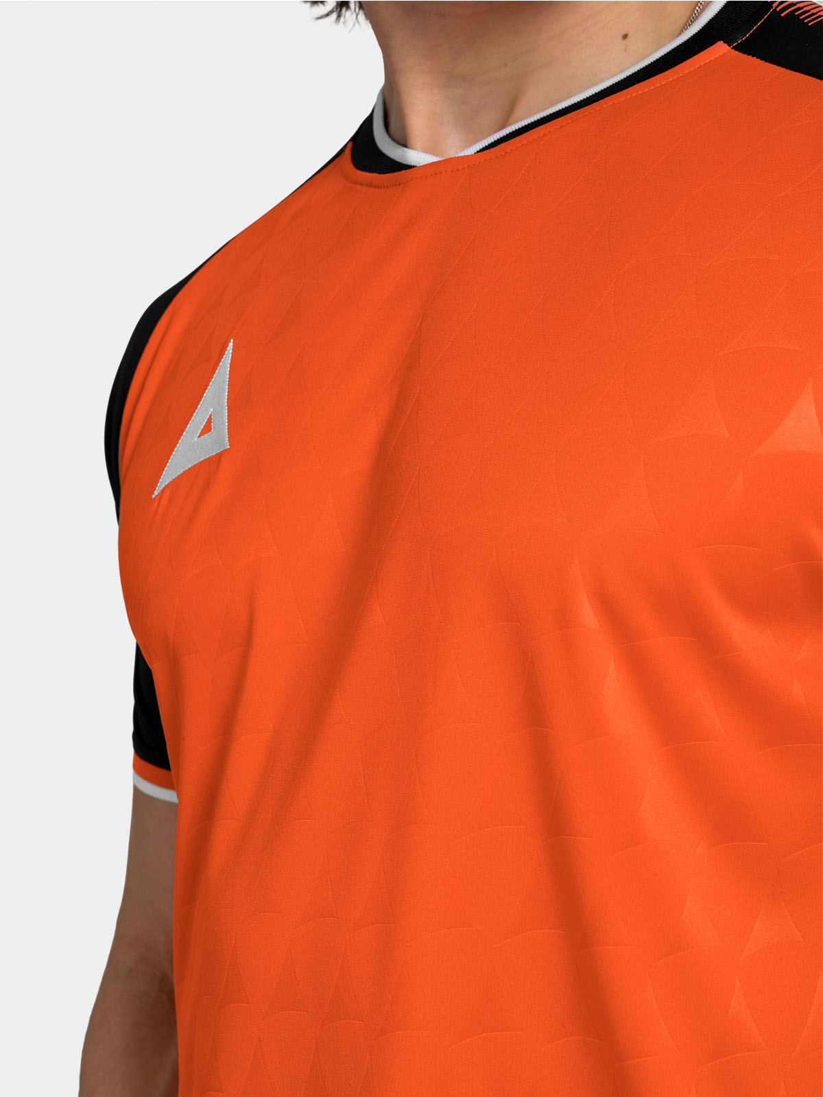 	technical detail of the orange heritage neckline highlighting the ribbed collar construction.