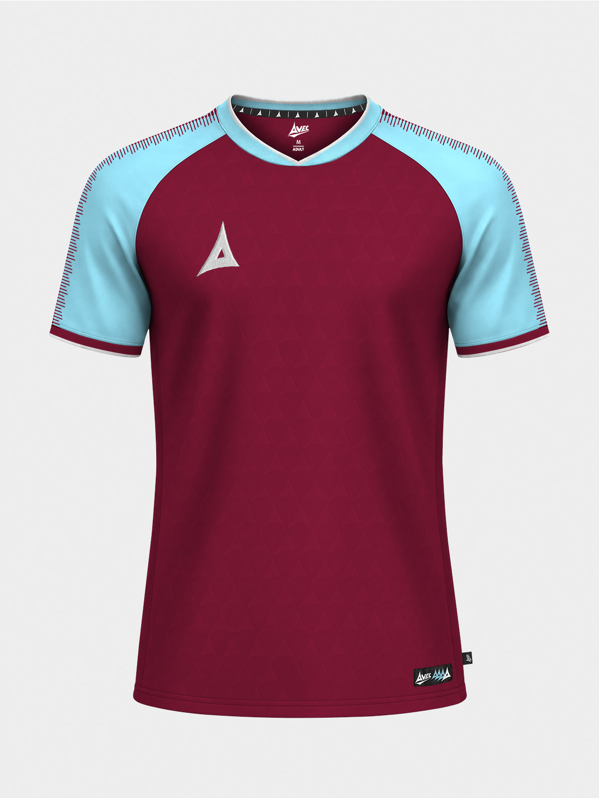 	the claret and sky blue heritage jersey shown from the front, highlighting the traditional club colors and debossed texture.