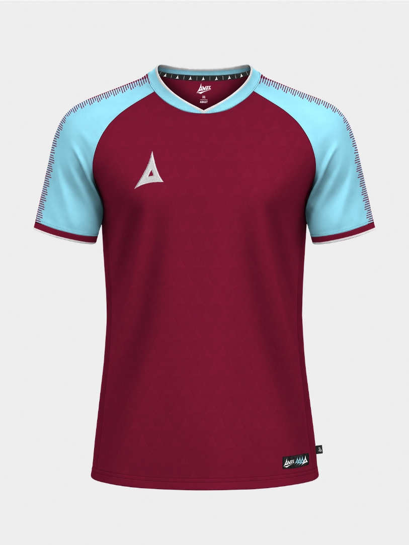 	The Claret and Sky Blue Heritage Jersey shown from the front, highlighting the traditional club colors and debossed texture.