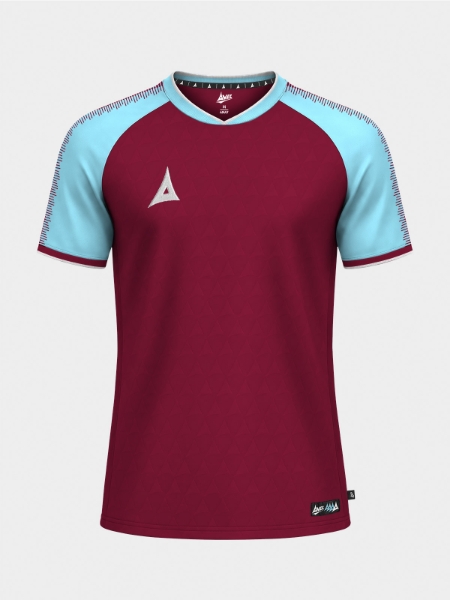 	The Claret and Sky Blue Heritage Jersey shown from the front, highlighting the traditional club colors and debossed texture.