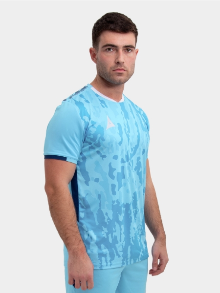 	Model wearing a sky and navy Sports football training t-shirt.