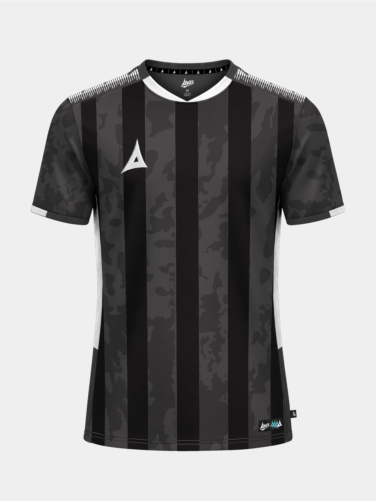 	front view of the anthracite grey and black pro intent stripe jersey, a sleek match kit for grassroots football clubs.