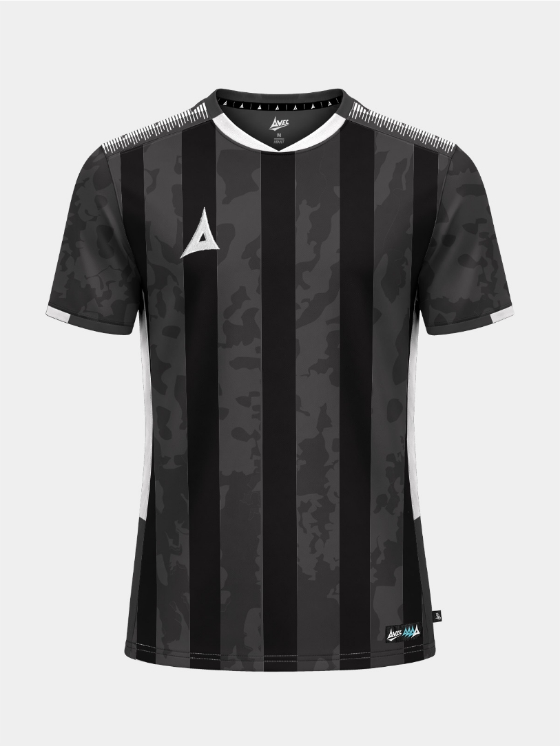 	Front view of the Anthracite Grey and Black Pro Intent Stripe Jersey, a sleek match kit for grassroots football clubs.