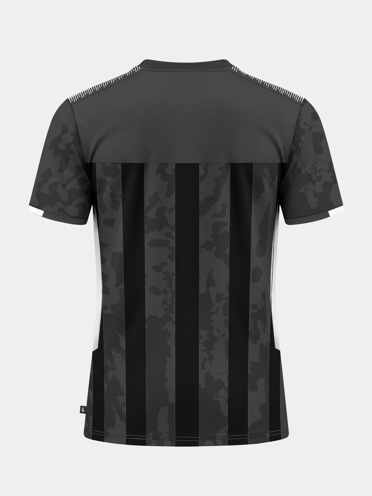 	rear view of the grey and black striped football jersey, featuring a clean panel design optimized for professional squad numbering.