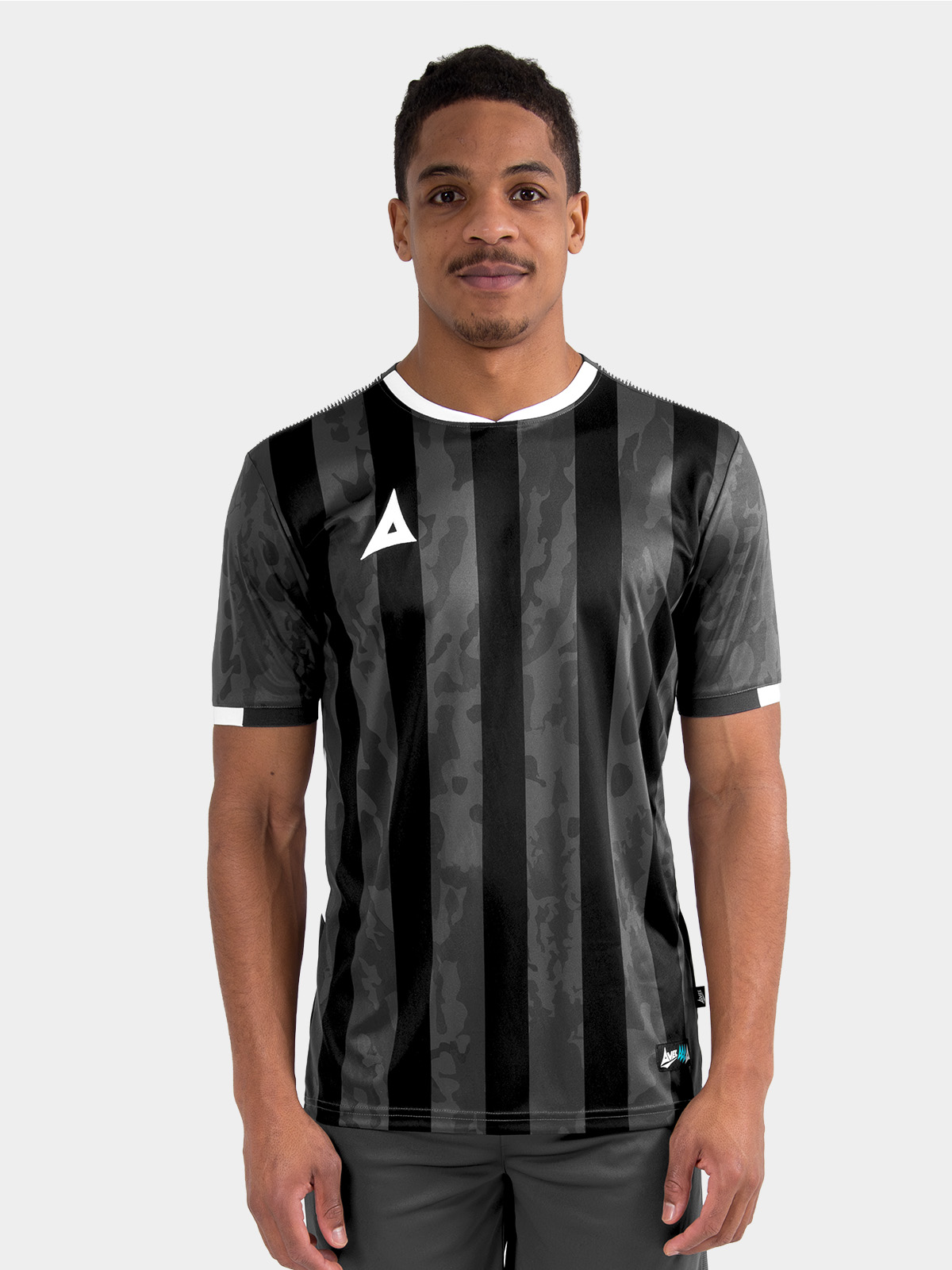 	top-half view of the anthracite grey and black team shirt on an adult model, showcasing the professional athletic fit.