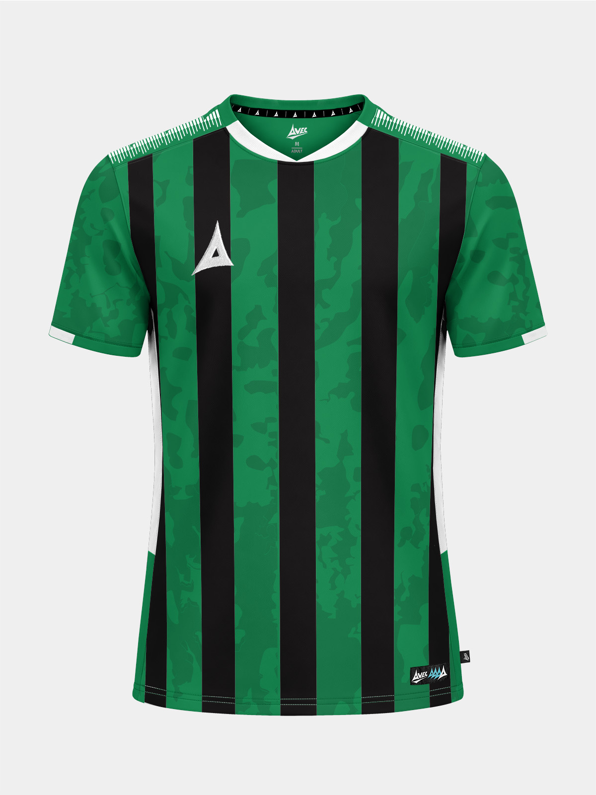 	front view of the green and black pro intent stripe jersey featuring a modern sublimated camo-stripe design for football clubs.