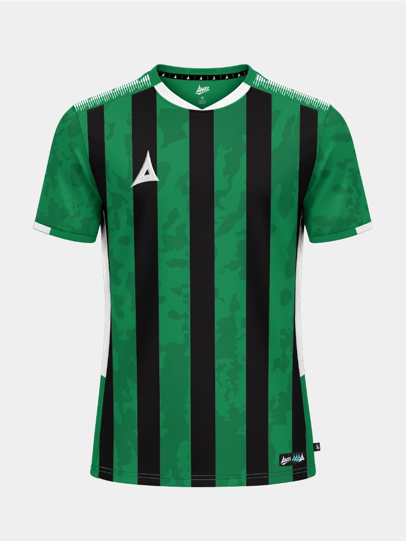 	Front view of the Green and Black Pro Intent Stripe Jersey featuring a modern sublimated camo-stripe design for football clubs.