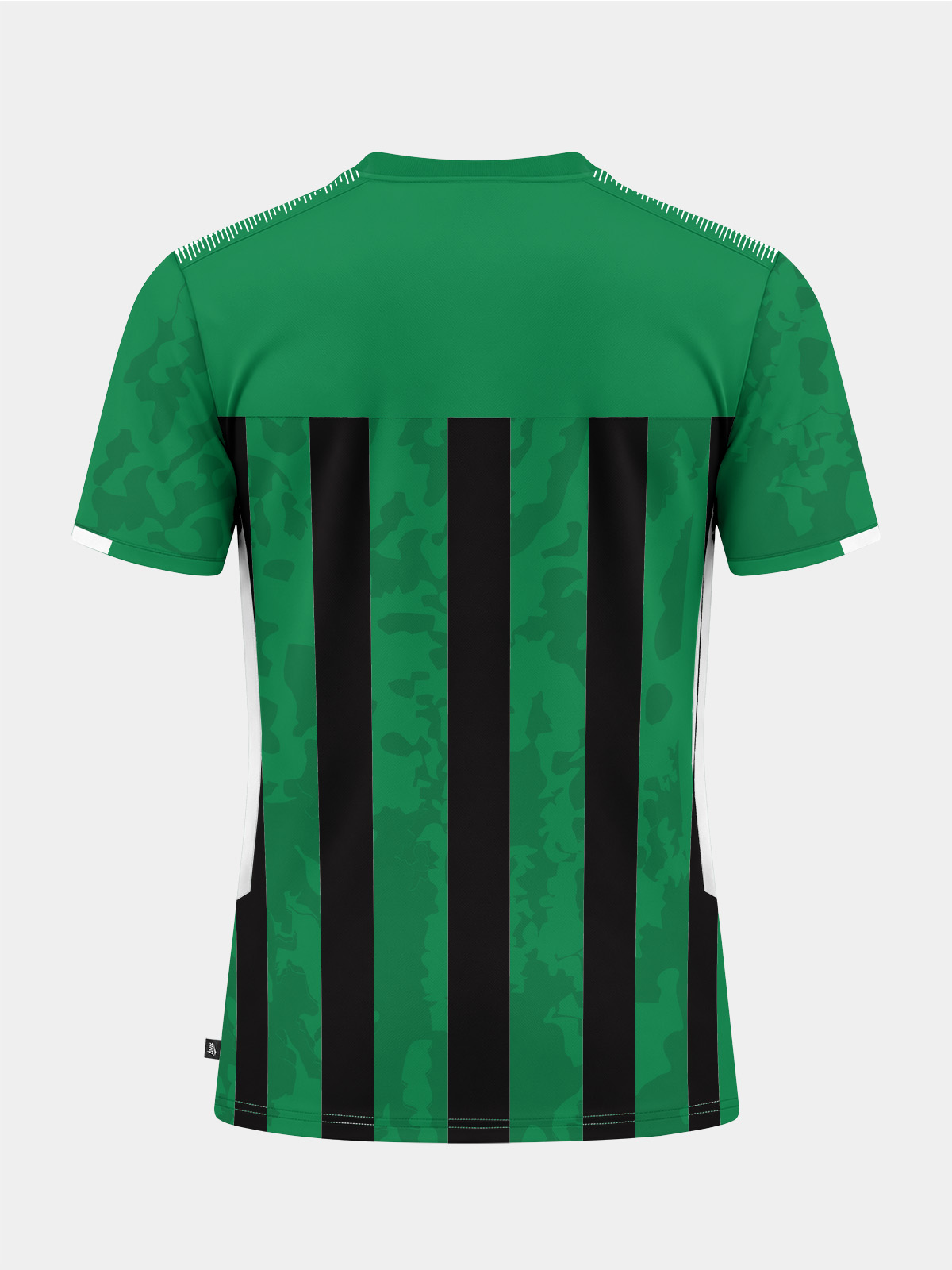  	rear profile of the green and black striped football match shirt, offering a clean surface for player numbers and sponsor text.