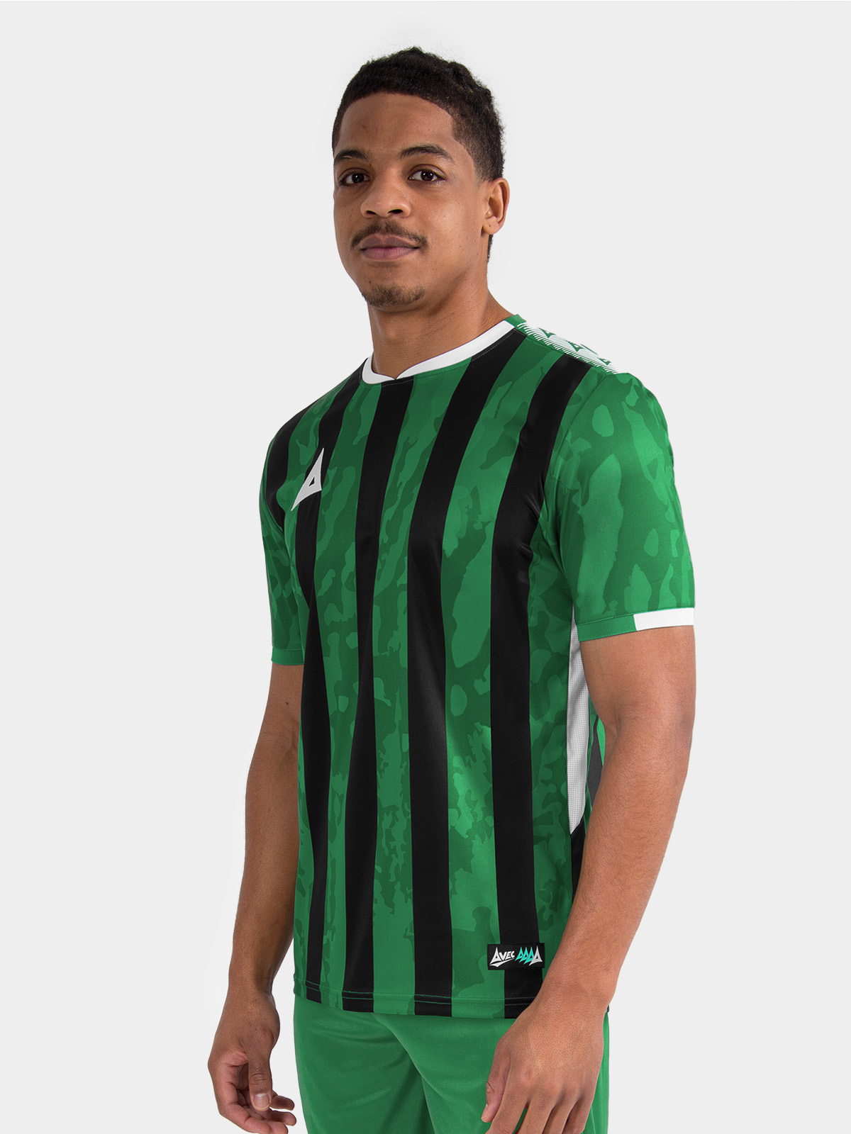 	adult male model wearing the green and black pro intent stripe jersey, highlighting the stretchable sleeve cuffs and authentic fit.