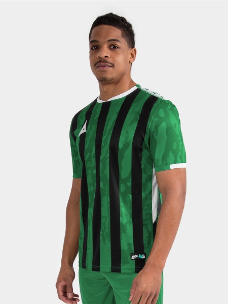 	Adult male model wearing the Green and Black Pro Intent Stripe Jersey, highlighting the stretchable sleeve cuffs and authentic fit.