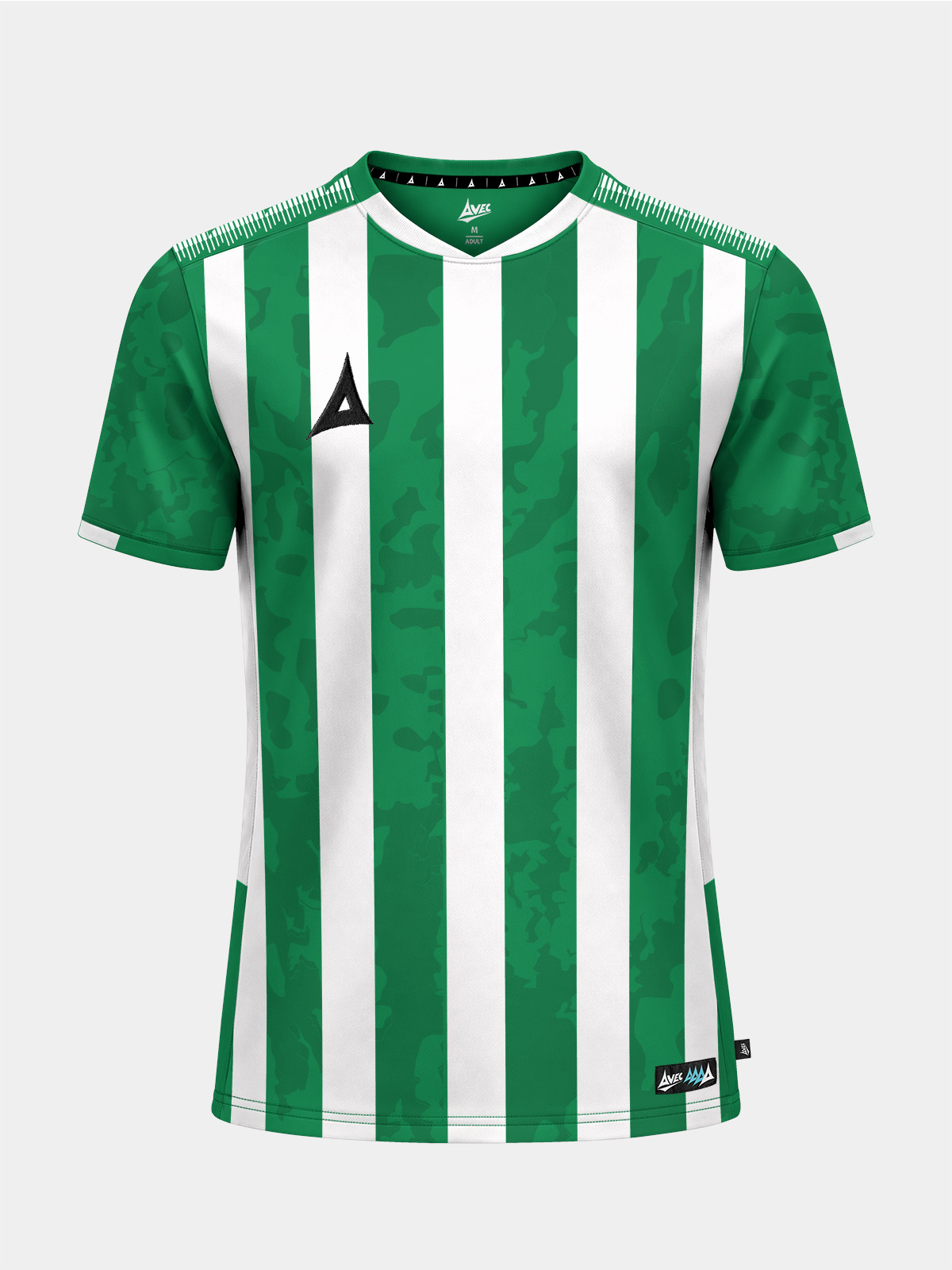	front view of the green and white pro intent stripe jersey featuring a modern sublimated camo pattern for grassroots clubs