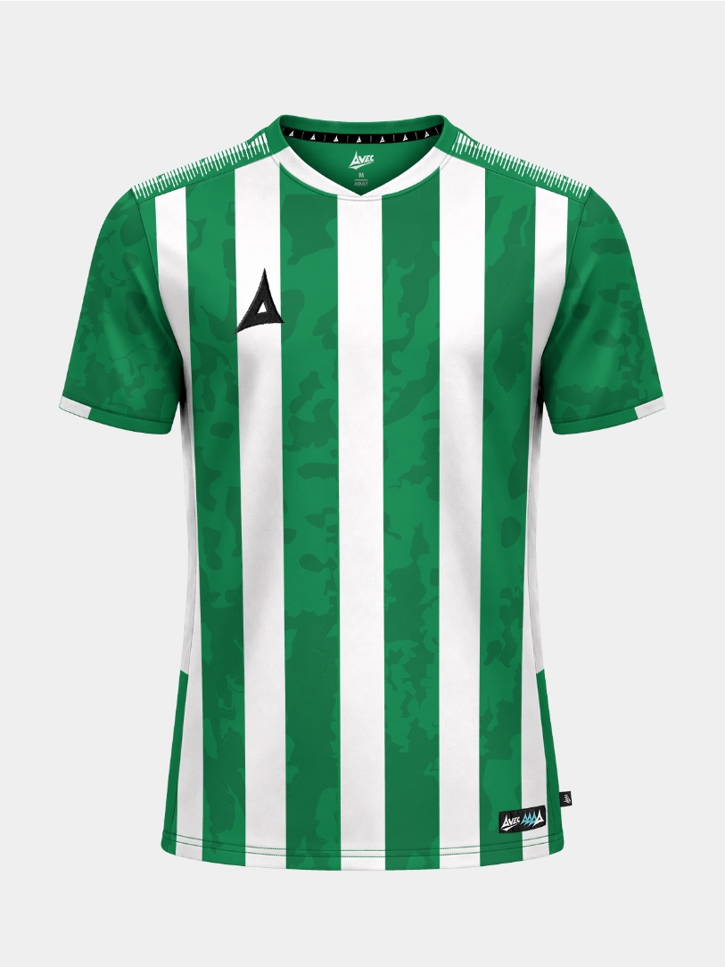 	Front view of the Green and White Pro Intent Stripe Jersey featuring a modern sublimated camo pattern for grassroots clubs