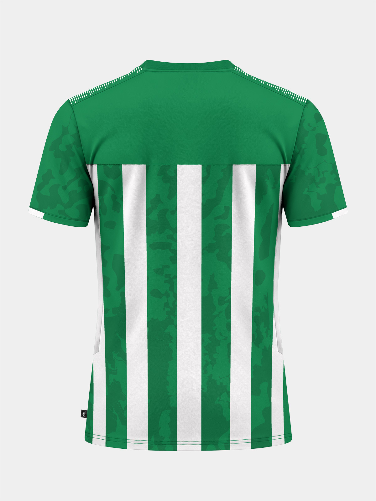 	rear view of the green and white stripe football jersey, showing the clean paneling ready for custom squad numbering.	