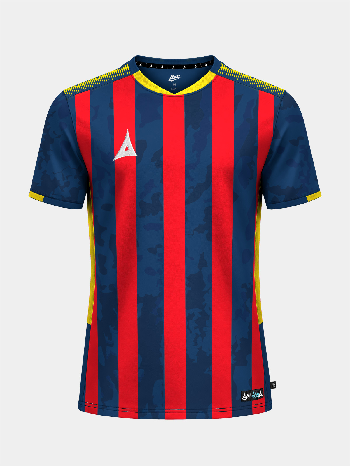 	front view of the navy and red pro intent stripe jersey with yellow trim, a professional match kit for grassroots football clubs.