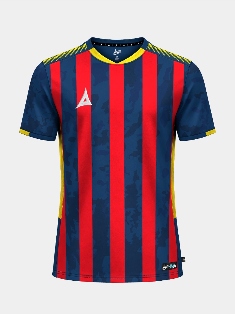 	Front view of the Navy and Red Pro Intent Stripe Jersey with yellow trim, a professional match kit for grassroots football clubs.