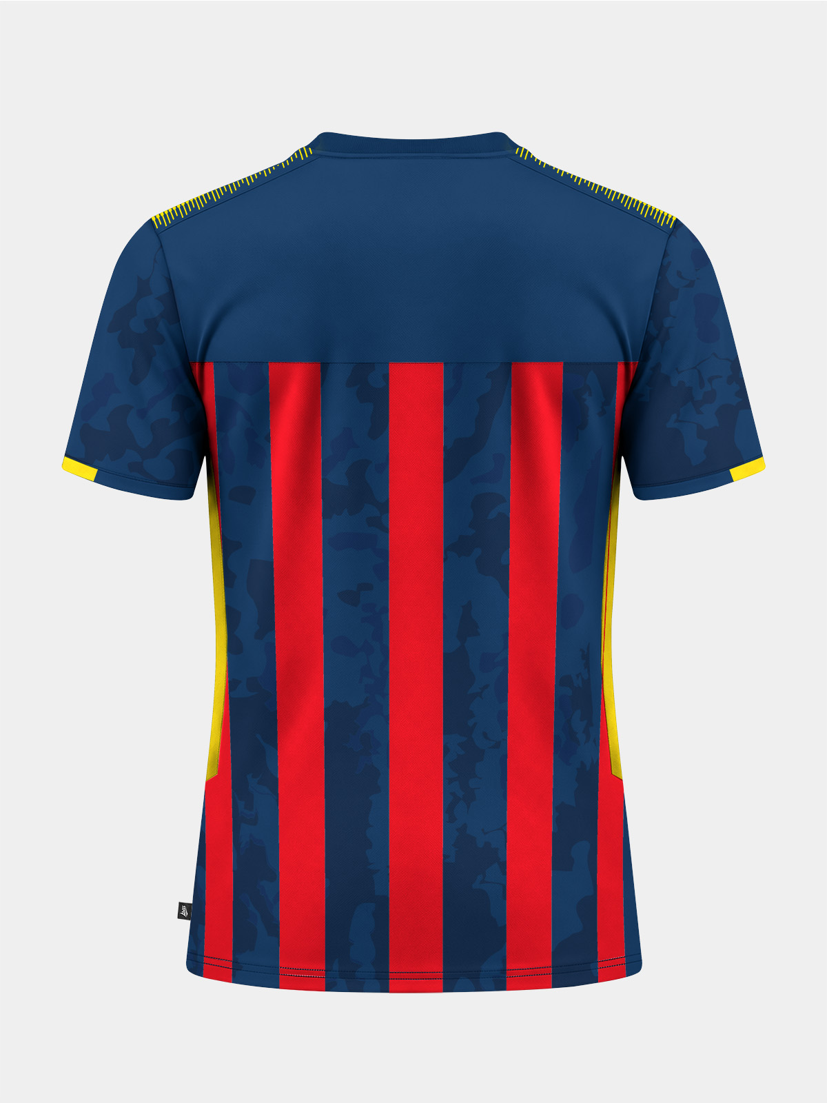 	rear view of the navy and red striped football jersey, featuring a clean panel design optimized for high-quality squad numbering.