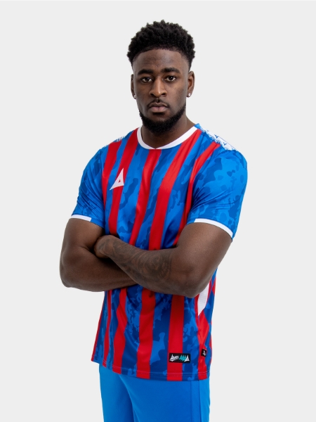 	Model wearing a Red and royal blue stripe Sports football training t-shirt.