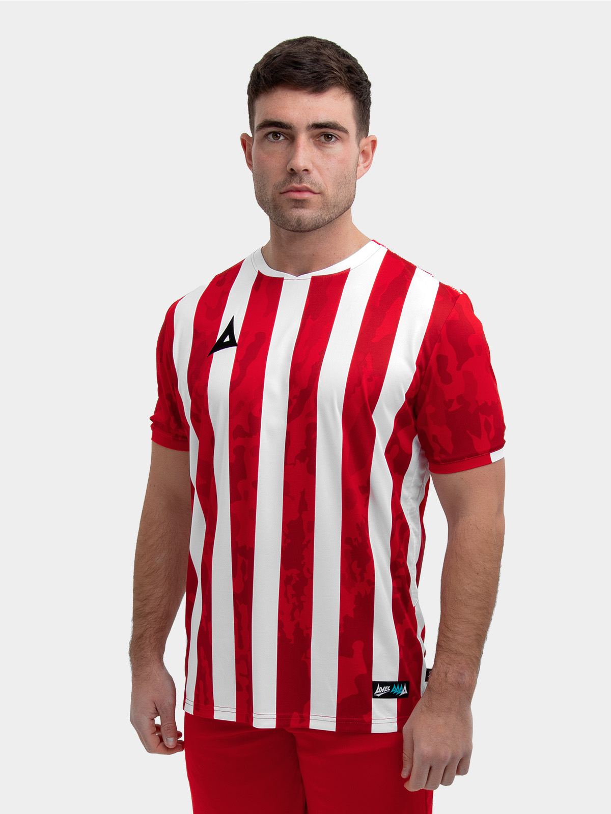 	model wearing a red and white stripe sports football training t-shirt.