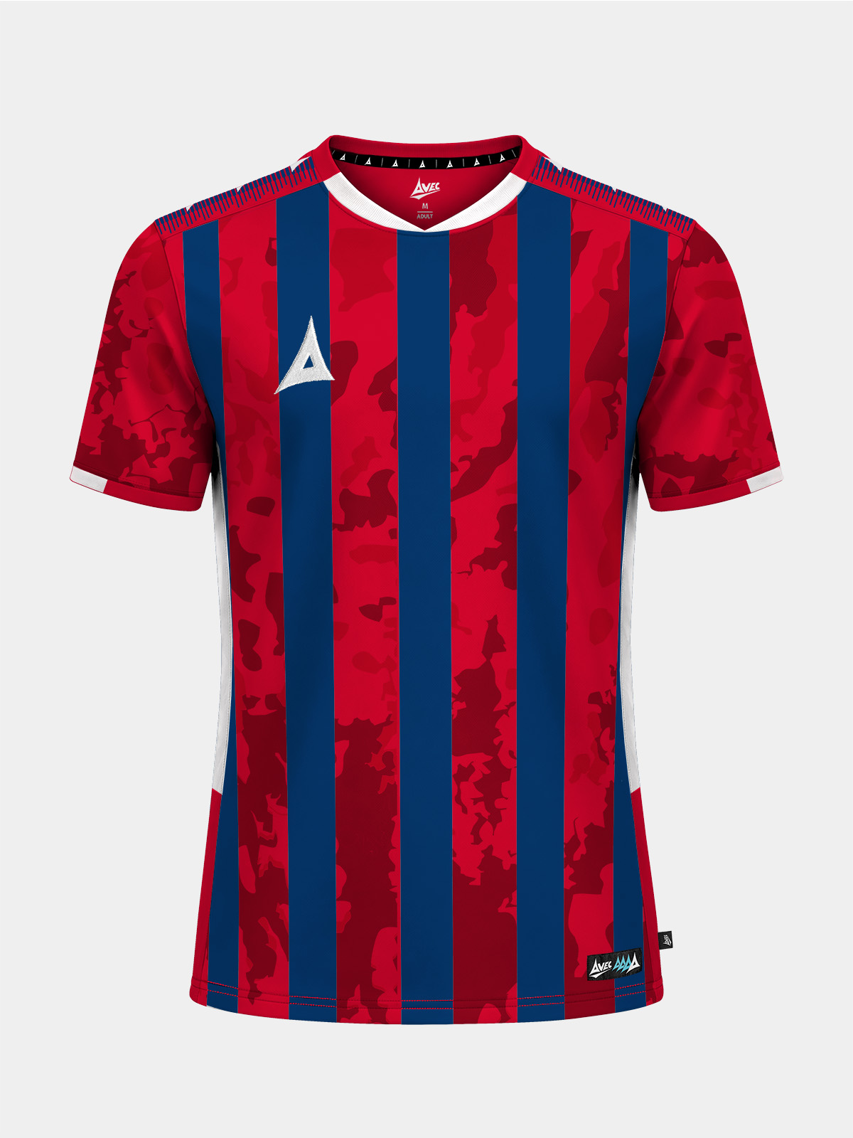 	front view of the red and navy pro intent stripe jersey with white trim, a classic match kit for grassroots football clubs.