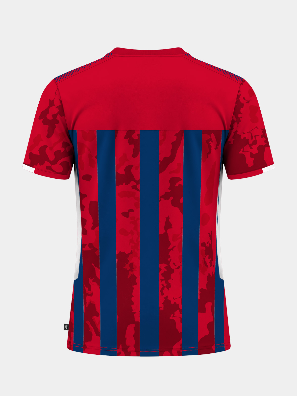 	rear view of the red and navy striped football jersey, featuring a clean panel design optimized for professional squad numbering.