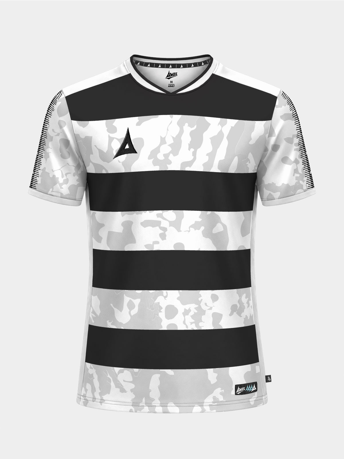 	front view of the black and white pro intent hoop jersey featuring the sublimated camo pattern within the hoops.