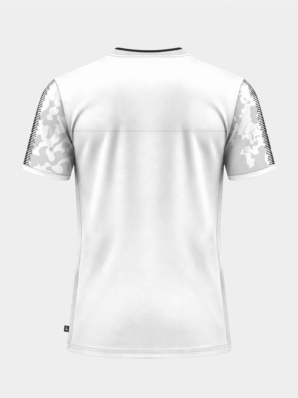 	rear perspective of the black and white hooped jersey, designed with a clean space for player name and numbering