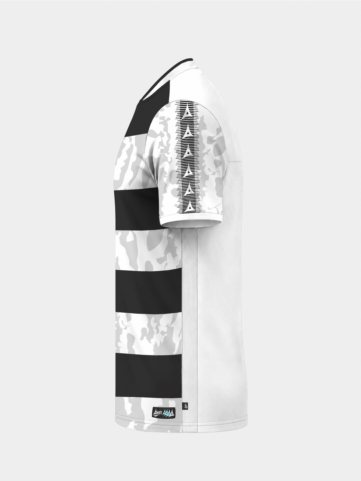 	left side view highlighting the breathable mesh side panels and contrast sleeve on the black and white jersey